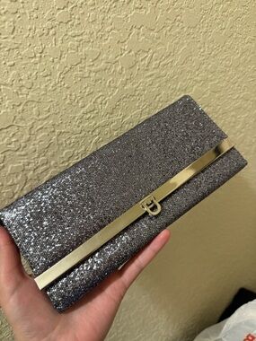 mundi Silver Glitter Clutch with Gold Bar Detail
